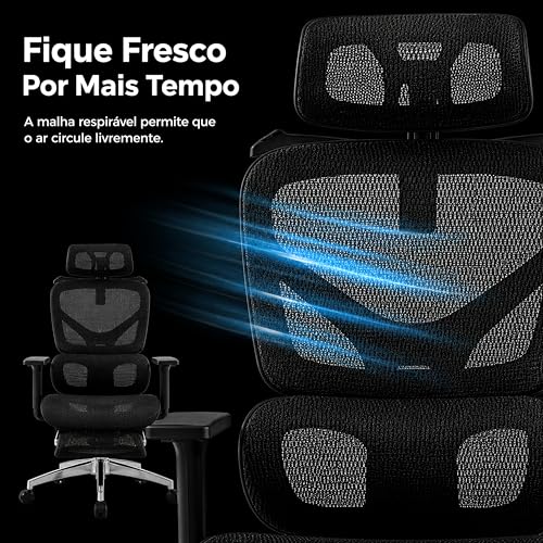 Laruno Cadeira de Escritório Ergonômica NR17 Giratória com Apoio de Pés Cadeira Gamer Presidente Suporte Lombar Adaptável Encosto Ajustável 6 Níveis Braço 3D Malha Mesh Respirável Suporta até 200kg