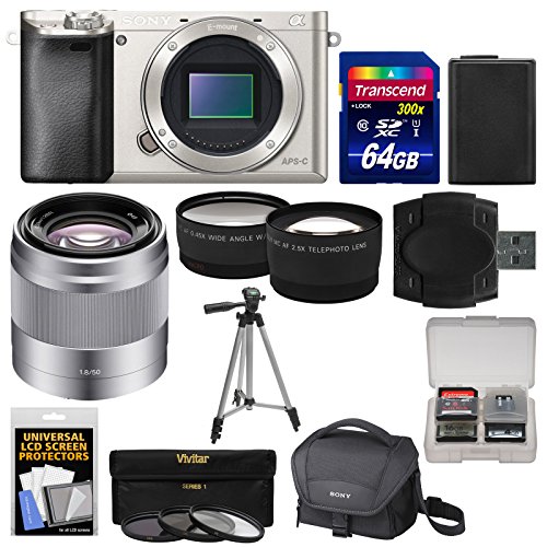 Sony-Alpha-A6000-Wi-Fi-Digital-Camera-Body-Silver-with-50mm-f18-OSS-Lens-64GB-Card-Case-Battery-Tripod-TeleWide-Lens-Kit
