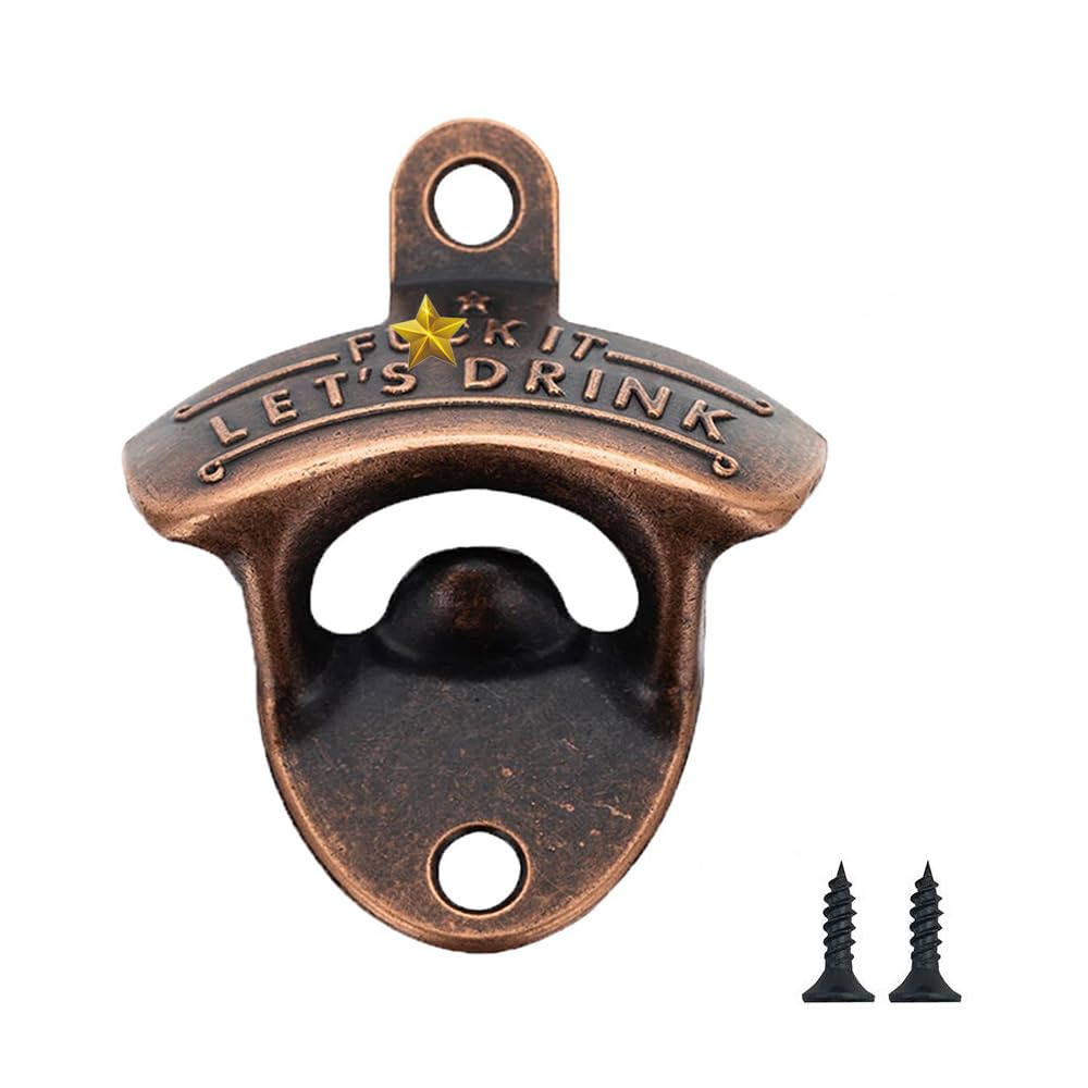Bottle Opener Wall Mounted, 1 pcs Wall Mount Beer Bottle Openers Home Bar Accessories Novelty Metal Opener with Screws, for Bar Kitchens Vintage(Red Copper)