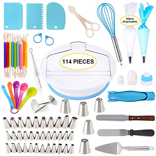 114 Pieces Cake Decorating Supplies Kit for Beginners, Cupcake Decorating Tools Baking Supplies Set for Kids and Adults, Cake Turntable Stands, Piping Tips & Bags, Icing Smoother & Spatulas