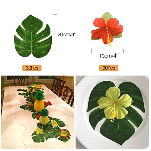 FEPITO 184 PCS Tropische hawaiische Partydekorationen schließt Tropische Palmblätter, Hibiscus-Blumen, Getränk… – Bild 3