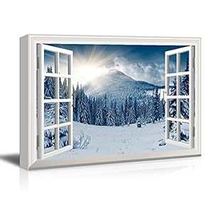3D Visual Effect View Through Window Frame Canvas Wall Art - Snow Covered Pine Tree Forest - Giclee Print Gallery Wrap Modern Home Art Ready to Hang - 12x18 inches
