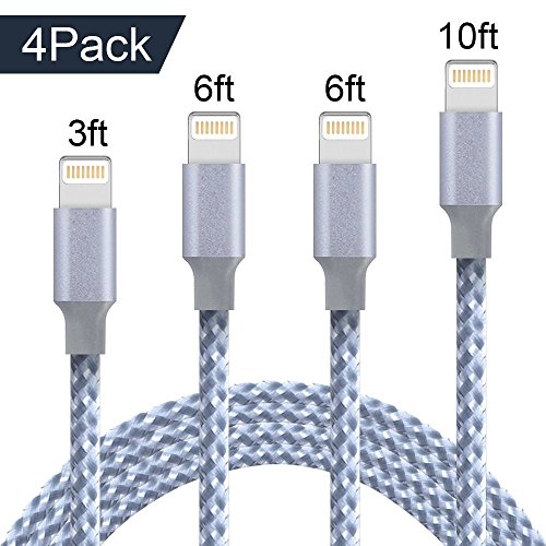 Lightning Cable,QIANXIANG Extra long iPhone Charging Cord,Data Sync,4Pack [3FT 6FT 6FT 10FT]Nylon Braided to USB Charger for iPhone X/8/8 Plus/7/7 Plus/6/6s Plus/5s/5 and iPad etc. (Gray&White)