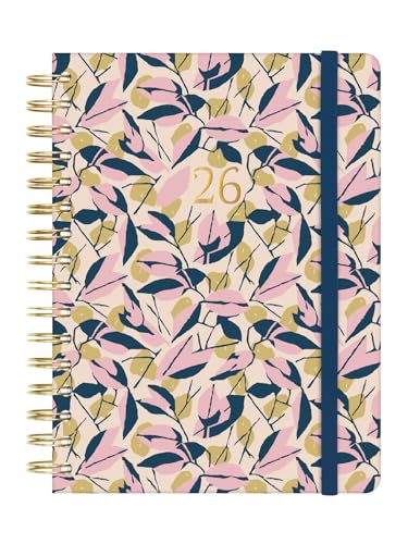 Finocam - Spiral Planner 2026 1 Day to View | January - December (12 months) | Annual Planner 2026 with elastic band | Double Spiral Hardcover Spiral You - Leaves - International