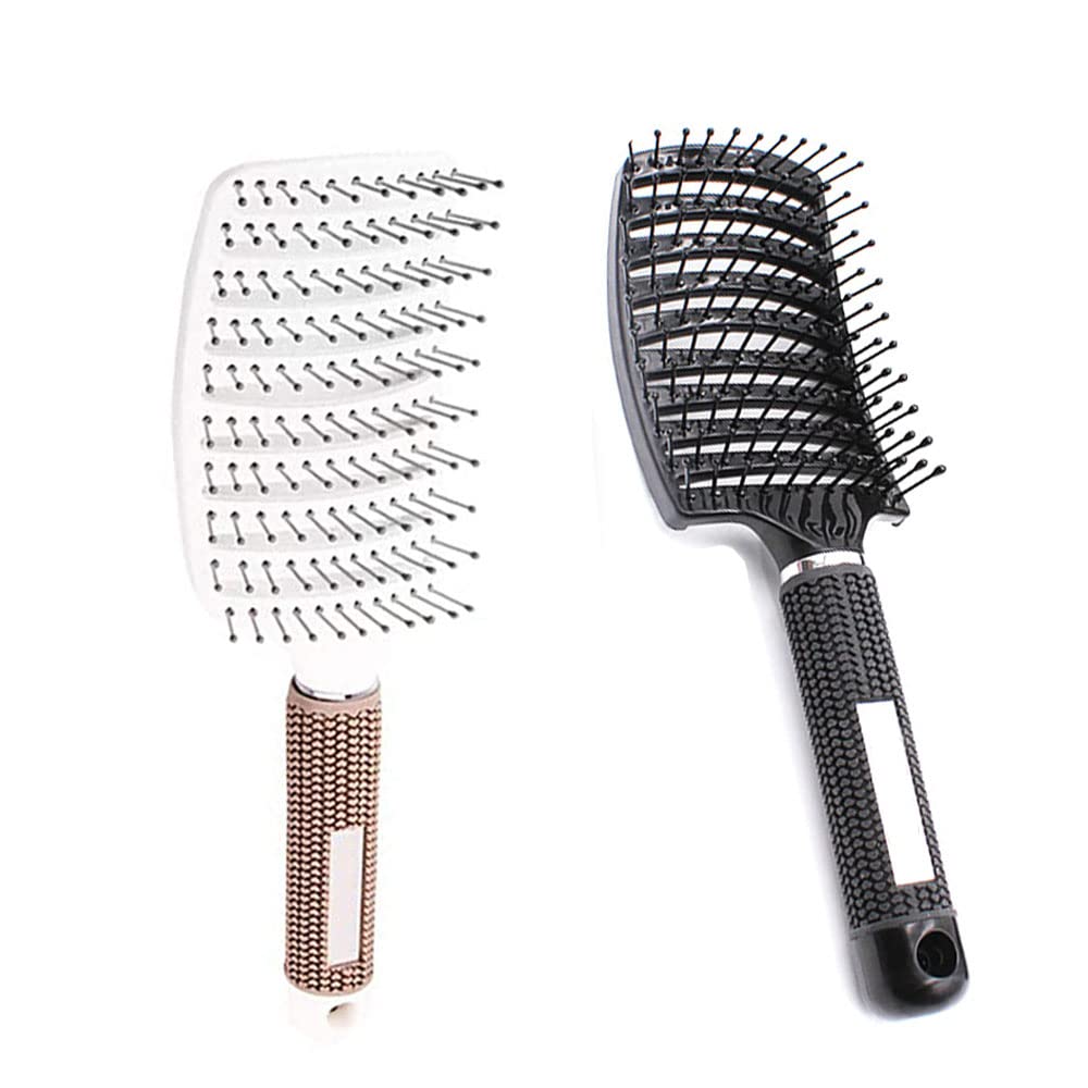 yufana 2 Piece Curved Vented Styling Hair Brush,Curved Vent Brush and Hair Detangler Detangling Nylon Bristle Brush Vented Hair Brush Anti Static Vent Brush(Black+White)