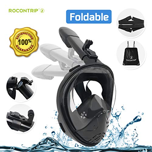 ROCONTRIP Full Face Snorkel Mask, Free Breathing 180° Panoramic View Diving Mask, Anti-Fog Anti-Leak and Adjustable Head Strap Snorkeling Mask for Men Women Adult (Black, L/XL) - Thumbnail 7
