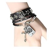 Lefinis Halloween Punk Antique Skull Stars Cross PU Leather Bracelet Unisex