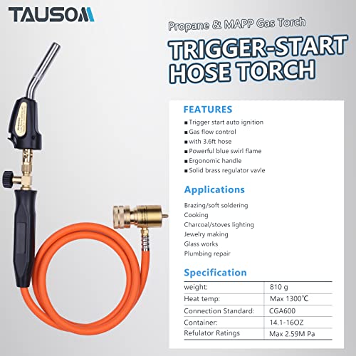 TAUSOM Propane Torch Head, Mapp Gas Torch with 3.6FT Hose & Flow