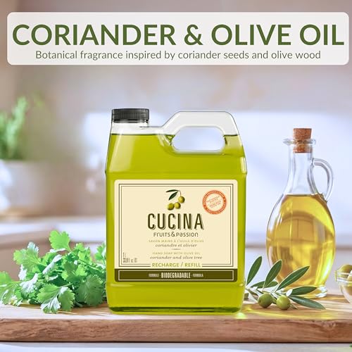 Cucina Fruits & Passion Hand Soap Refill, Coriander & Olive Tree – 1 L (33.8 fl oz) – Olive Oil Enriched, Biodegradable Formula, Kitchen Hand Soap
