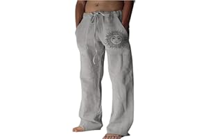 WENKOMG1 Mens Cotton Linen Pants,Wide Leg Drawstring Closure Pull On Trousers Loose Fit Baggy Lounge Wide Leg Bottoms