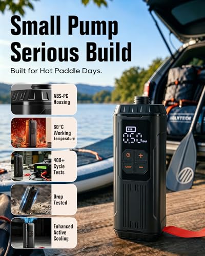 Mini Paddle Board Pump, Portable SUP Air Pump with Battery, Lightweight Electric Inflator 12 PSI Automatic Shut-Off, USB-C Rechargeable for Paddle Boards, Kayak, Pool Floats
