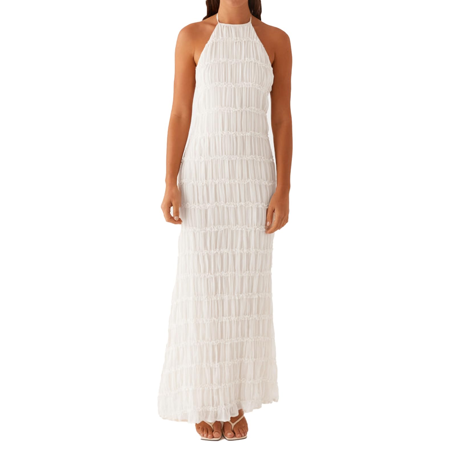 Photo 1 of ABYOVRT Women Backless Dress Sleeveless Textured Halter Open Back Maxi Dresses Vacation Wedding Guest (White,S)