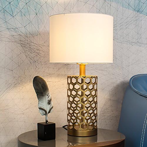 Wtape Golden Hollow Out Base Modern Style Bedroom Table Lamp, Living Room Desk Lamp with White Fabric Shade