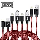 Live2Pedal Compatible iPhone Cable, 4Pack 3FT, 6FT, 10FT Lightning Cable,Nylon Braided Charger to Cable Data Syncing Cord iPhone X/XS/Xsmax/XR/8/8Plus/7/7Plus/6S/6Splus, Se/5S/5, Ipad(Black+Red)