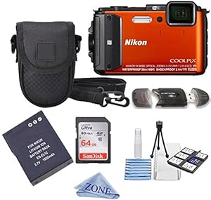 Nikon COOLPIX AW130 16.0-Megapixel 5X Optical Waterproof Digital Camera + Extra Battery, 64GB Memory Card+ Accessory Zone cloth + Accessory Bundle (Orange)