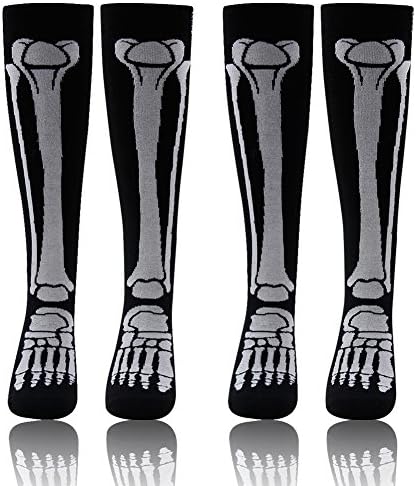 Skeleton Socks,Men’s Women's Funny Crazy Novelty Leg Bones Design Halloween Knee Socks WXXM 2 Pair Black and White