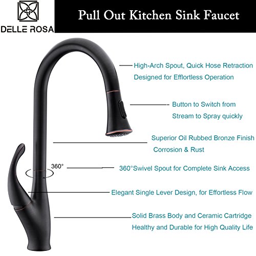 Kitchen Faucet with Pull Down Sprayer Oil Rubbed Bronze Delle Rosa Elegant Single Handle Solid Brass Pull Out Pre-rinse Sprayer Kitchen Sink Faucet