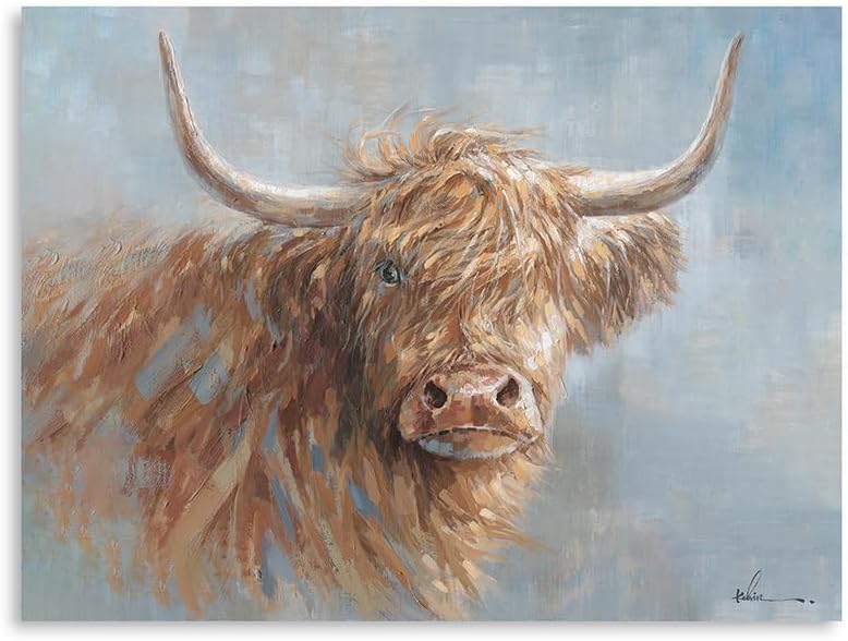 Paintings - ATELIYISHU Handpaint Highland Cow Oil Painting: Animal Highland Cattle Stretched and Framed Ready to Hang for Bedroom,Office,Living room and Modern Home Decor Ready to Hang 12x16 inches