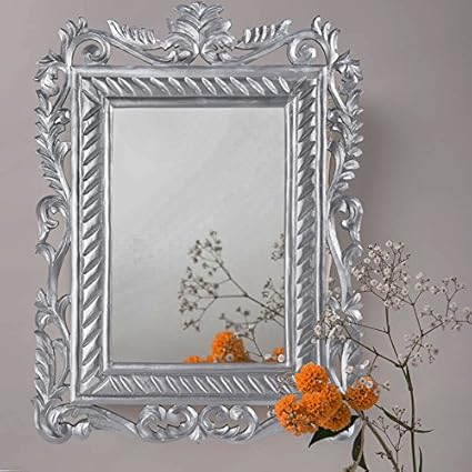 Homesake French Carved Royal Vintage Decorative Wooden Wall Mirror, Elegant Antique Silver