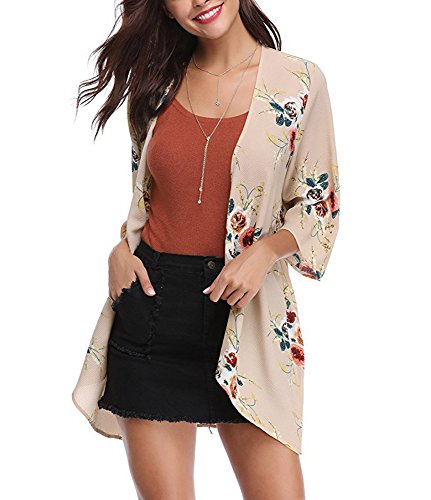 PopStore Women's Floral Print Sheer Kimono Cardigan Capes Chiffon 3/4 Sleeve Patchwork Casual Cover up Blouse Tops - Thumbnail 7
