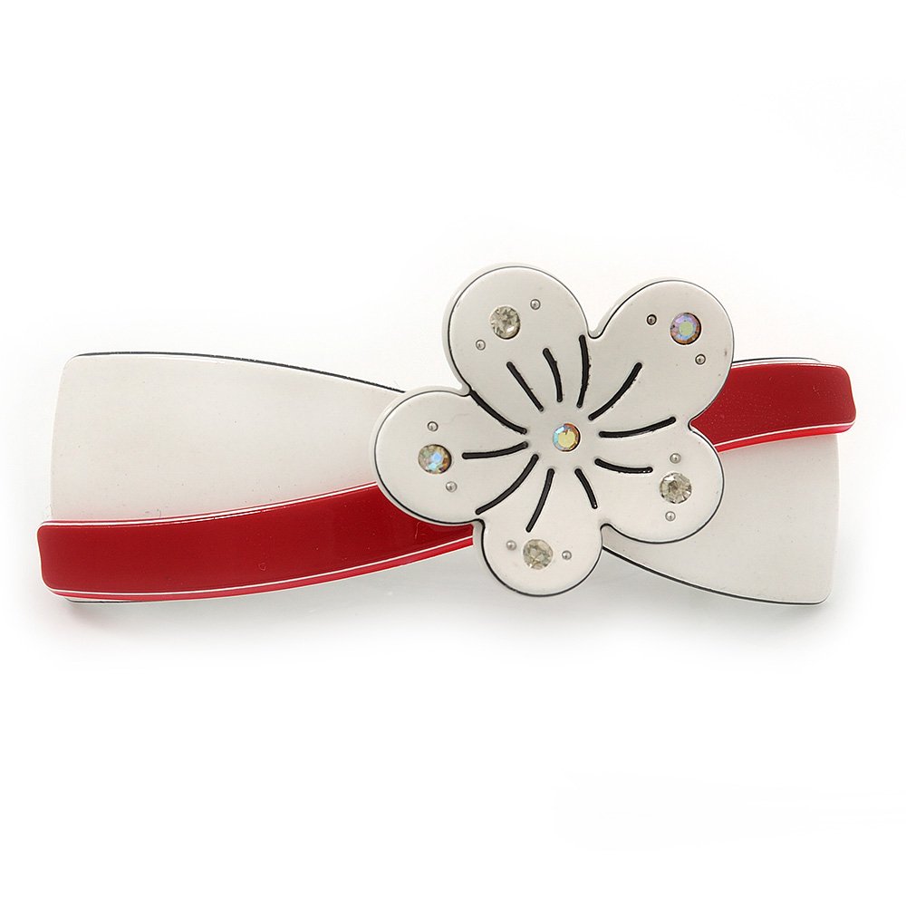 White/Red Acrylic Crystal Flower Barrette Hair Clip Grip - 85mm Across