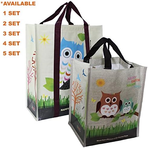 COMBO SET (3 XL + 3 Mini = 6 Pcs) EcoJeannie Super Strong Laminated Woven Reusable Shopping Tote Bags (Avail:1,2,3,4,5 Sets),Free Standing,Recycled Plastic/Bottom Board&amp;Reinforced Nylon Handle, WCS031