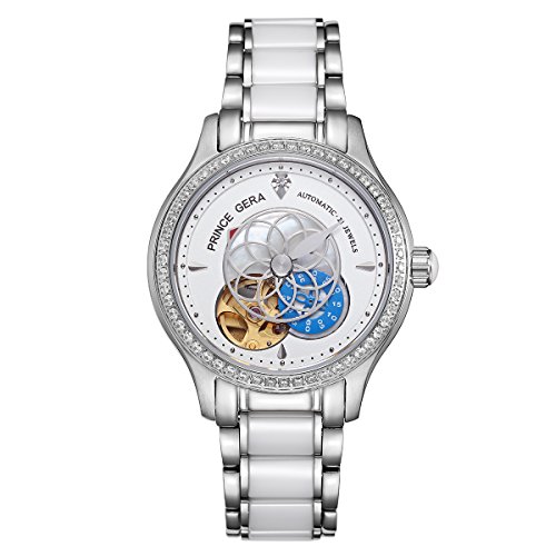 PRINCE GERA Women Luxury Sliver Two-tone Ceramic Watch Ladies Waterproof Automatic Diamonds Dress Watch