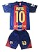 Hussain Tees Youth FC Barcelona Messi 10 Jersey/Shorts Football Soccer (Drifit) (10-12 yrs, Red & Blue)