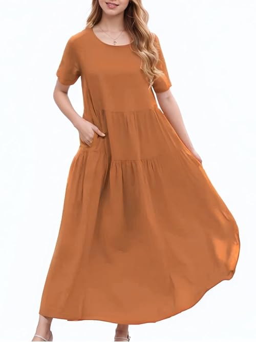 ZANZEA Womens Summer Maxi Dress Short Sleeve Crew Neck Swing Dresses Casual Plus Size A-Line Bohemian Flowy Tiered Dresss with Pockets