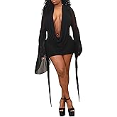 SHINFY Women Sexy Backless Mini Dress Draped Mesh Cowl Neck Long Sleeve Swing Going Out Cocktail Dresses