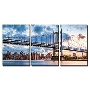 3 Piece Canvas Wall Art - Robert F Kennedy Bridge Aka Triboro Bridge at Sunset, in Queens, New York - Modern Home Art Stretched and Framed Ready to Hang - 16"x24"x3 Panels
