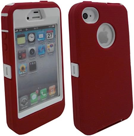 Iphone 4S case, Lucky On iPhone 4 / 4S Durable Protective Dual Layer Hybrid Armor Heavy Duty Shell Shockproof Case - built-in Transparent Screen Protector - Red & White