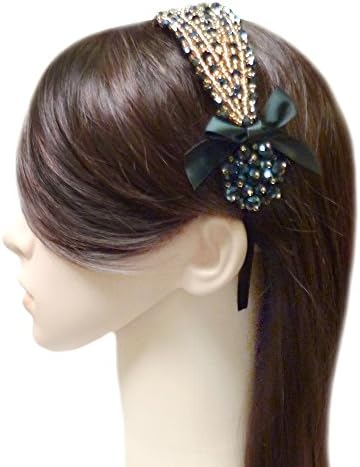 TdZ Fashion Headband - Jewel Beaded Feather Motif Patch with Ribbon (Navy Blue)