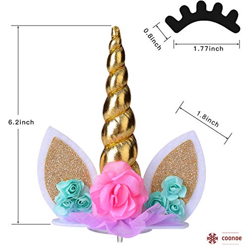 COONOE, Unicorn Cake Topper,Handmade Party Cake Decoration Supplies with multiple Eyelashes,Reuasble Gold Horn for Birthday Party,Baby Shower&Wedding
