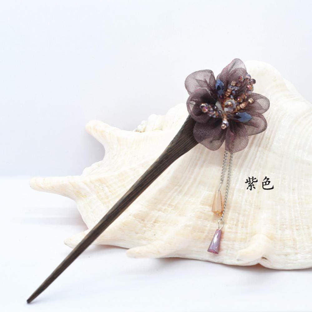 DUSHOULIAN Hair Sticks,Deep Purple Traditional Korean Fashion Handmade Fabric Net Flower Headdress Crystal Beads Tiara Hair Sticks Hair Sticks for Long Hair Retro Jewelry