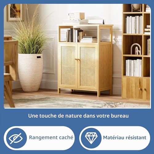HITNET Rattan Storage Cabinet, Bathroom Cabinet with 2 Doors, Bamboo Free Standing Side Organizer for Living Room, Kitchen, Entryway, Natural