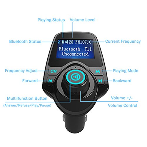 Nurbijar Bluetooth FM Transmitter AUX Radio Adapter Wireless Hands Free Car Kit Music MP3 Player with USB Charger TF Card Slot - Thumbnail 2