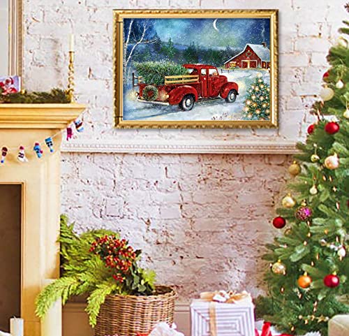 Christmas Diamond Painting Kits,Winter Diamond Art Kit for Adults,Red Truck 5D Paint with Diamond Full Drill for Parents-Children Interrction,Wall Decor(12x16) (Snowy Night)