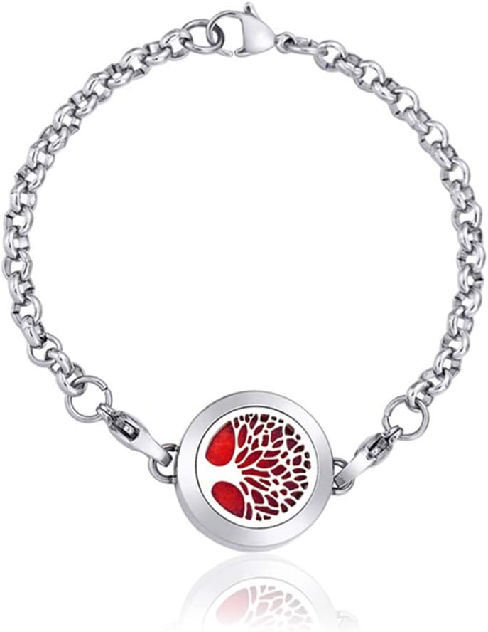 Anavia 0.79" Dia Mini Aromatherapy Essential Oil Diffuser Linked Bracelet 316L Stainless Steel Silver Plated Locket Jewelry for Women Girls with 12 Refill Pads Box