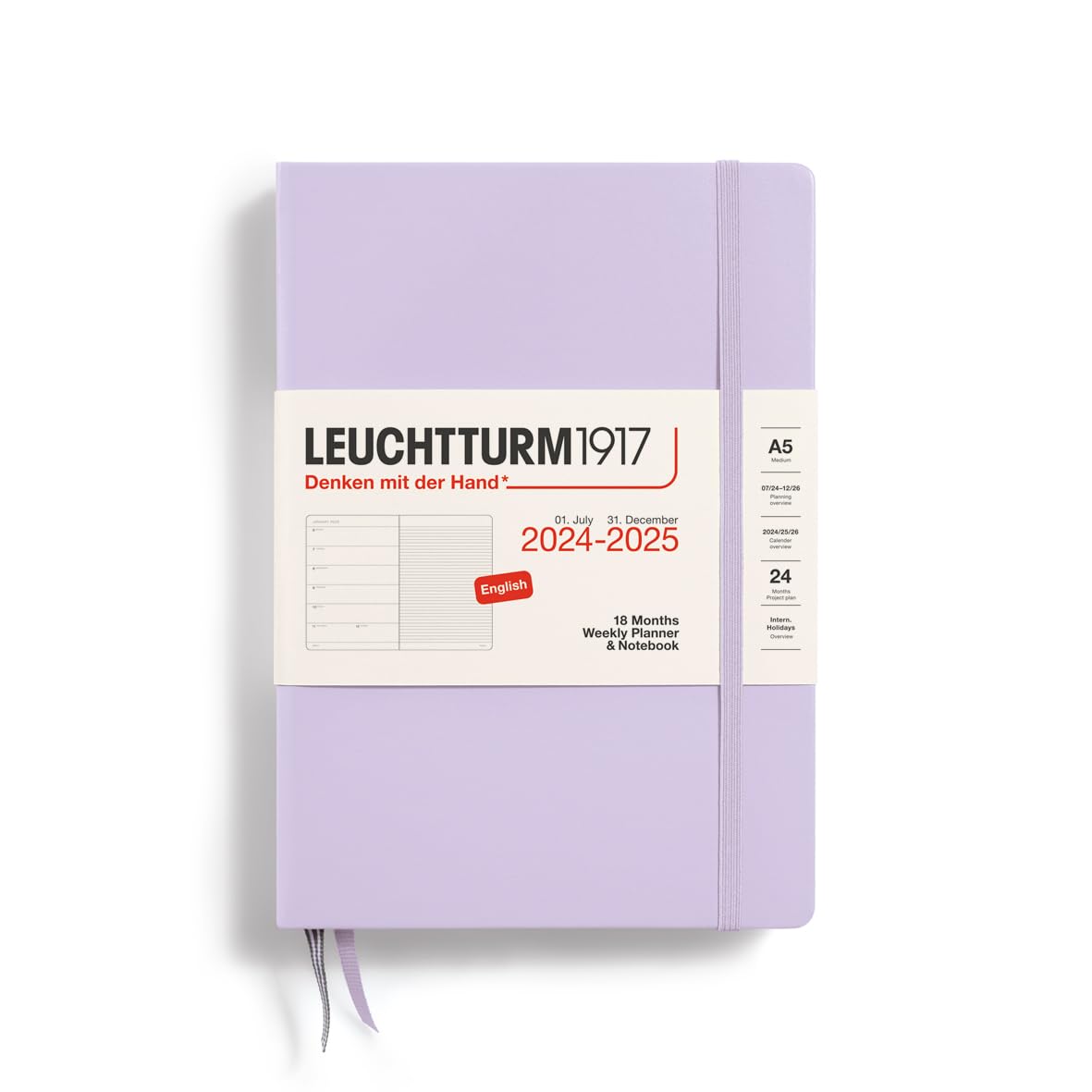 LEUCHTTURM1917 370713 Weekly Calendar & Notebook 2025, Medium A5 Hardcover - 18-Month Planner, Lined - Lilac, English
