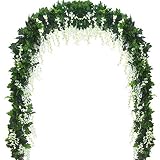 5 Strands 32.8 ft Artificial Silk Wisteria Vine Ratta Ivy Garland Wisteria Artificial Flowers Hanging Plants Vines Faux Greenery Fake Green Leaf Garland for Wedding Kitchen Home Party Decor (White)
