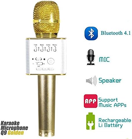 Wireless Microphones Karaoke for Music Playing and Singing Anytime,Home KTV Mic 3-in-1 Bluetooth Karaoke machine KTV for Apple iPhone Android Smartphone Or Pc（Gold）Q9