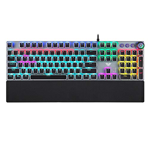 Mechanical Gaming Keyboard, Metal Panel, RGB LED Backlit, Brown Switch, Macro Editing, USB Wired, with Wrist Rest, Punk Design (#2088 Black)