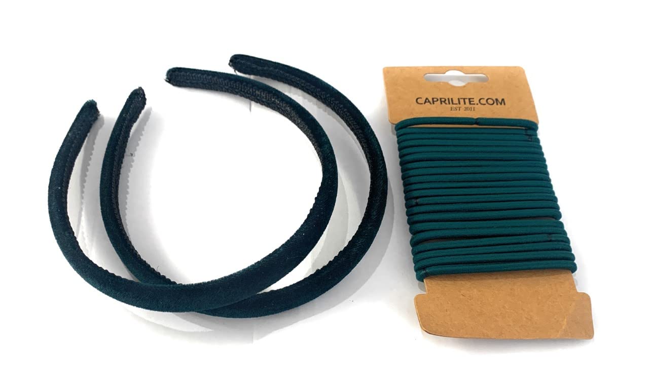 2 Velvet Girls School Headband Alice Band + 20 Elastics Hair Ties Bobbles Ponies Set UK (Emerald/Dark Green)