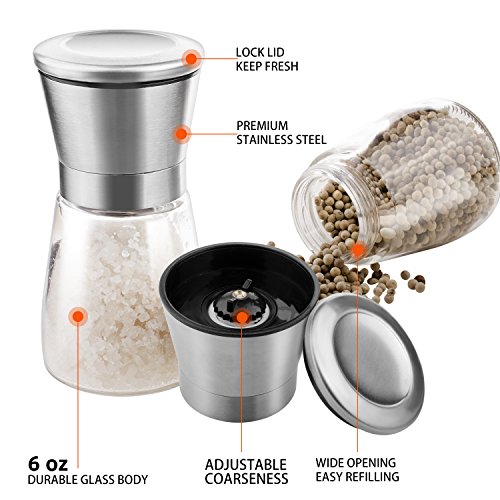 OTBBA Premium Salt and Pepper Grinder Set of 2 - Brushed Stainless Steel Mill Set, Adjustable Coarseness Salt and Pepper Mill Shakers with 6 oz Glass Body
