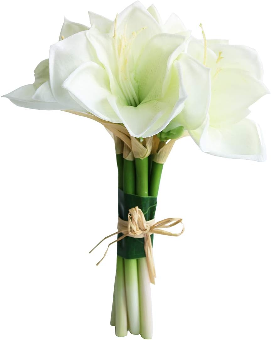 Jasming Real Touch Artificial Amaryllis Bush Bridal Bouquets Wedding Centerpieces Home Decor Boutonnieres Corsage Real Touch Flowers Faux Lily (White)