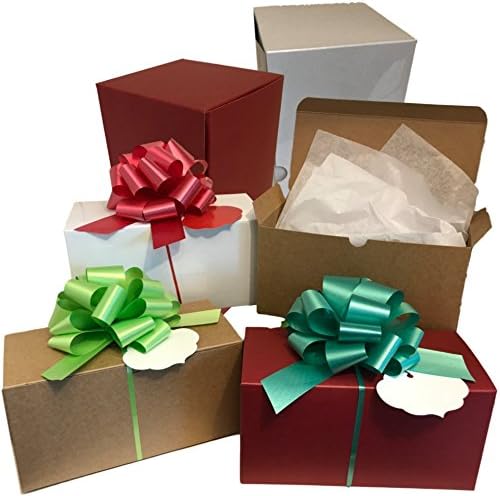 Set of 6 White, Red &amp; Kraft Gift Boxes (9x4.5x4.5") + 6 Pull Bows + 6 Tissue Paper. Perfect for Wrapping Christmas Presents