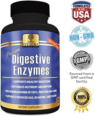 Digestive Enzyme Supplements by Vitaura NON-GMO Enzymes for Digestion Amylase, Protease, Lipase to Reduce Gas, Bloating, Toxins, Increase Energy and Aid Digestion of Fats, Proteins, Carbs 100 Capsules