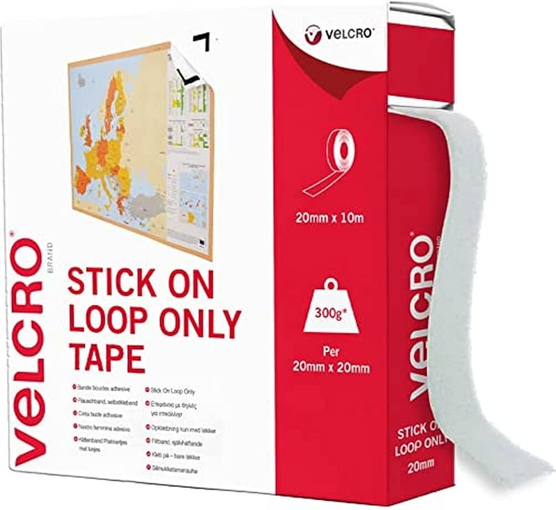 VELCRO Brand Stick On Loop Only Tape White 20mm x 10m Cut-to-Length Strong Self