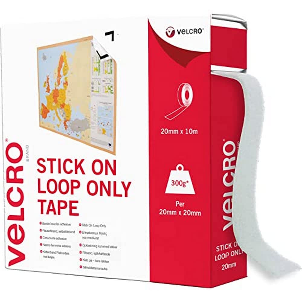 VELCRO, Brand, Stick On Loop Only Tape, Cut-to-Length Strong Loop Only Self Adhesive Sticky Tape Perfect for Room Décor & Home, Office, Garage Use, White | 20mm x 10m